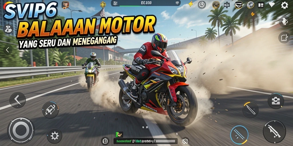 Screenshot gameplay SVIP6 menunjukkan balapan motor yang mendebarkan.